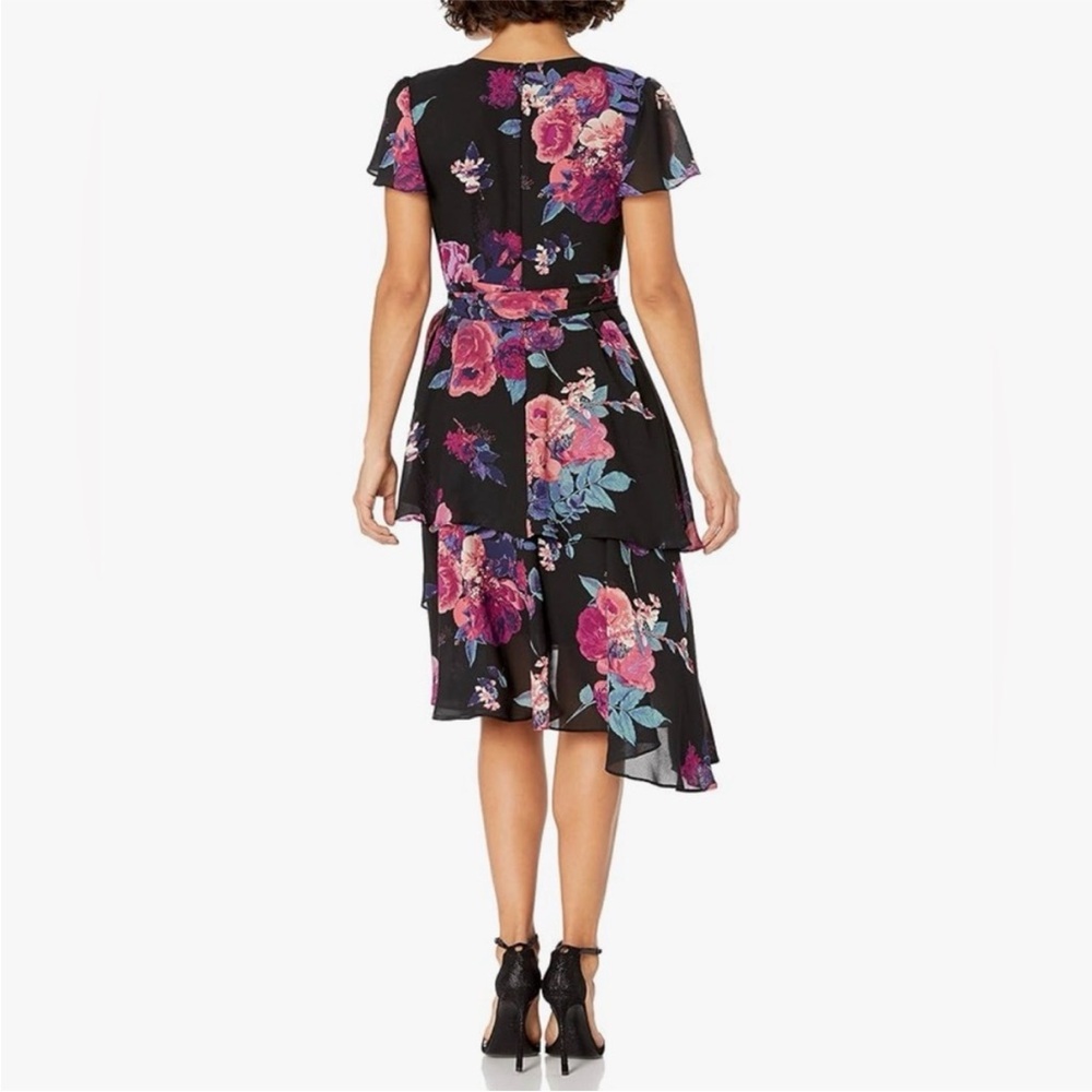 Tahari ASL Black and Pink Floral High Low Dress Size 4 - Picture 4 of 4